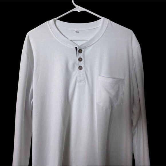 Mens White Long Sleeve Henley Shirt With Pocket 65% Cotton 35% Polyester - Picture 2 of 6
